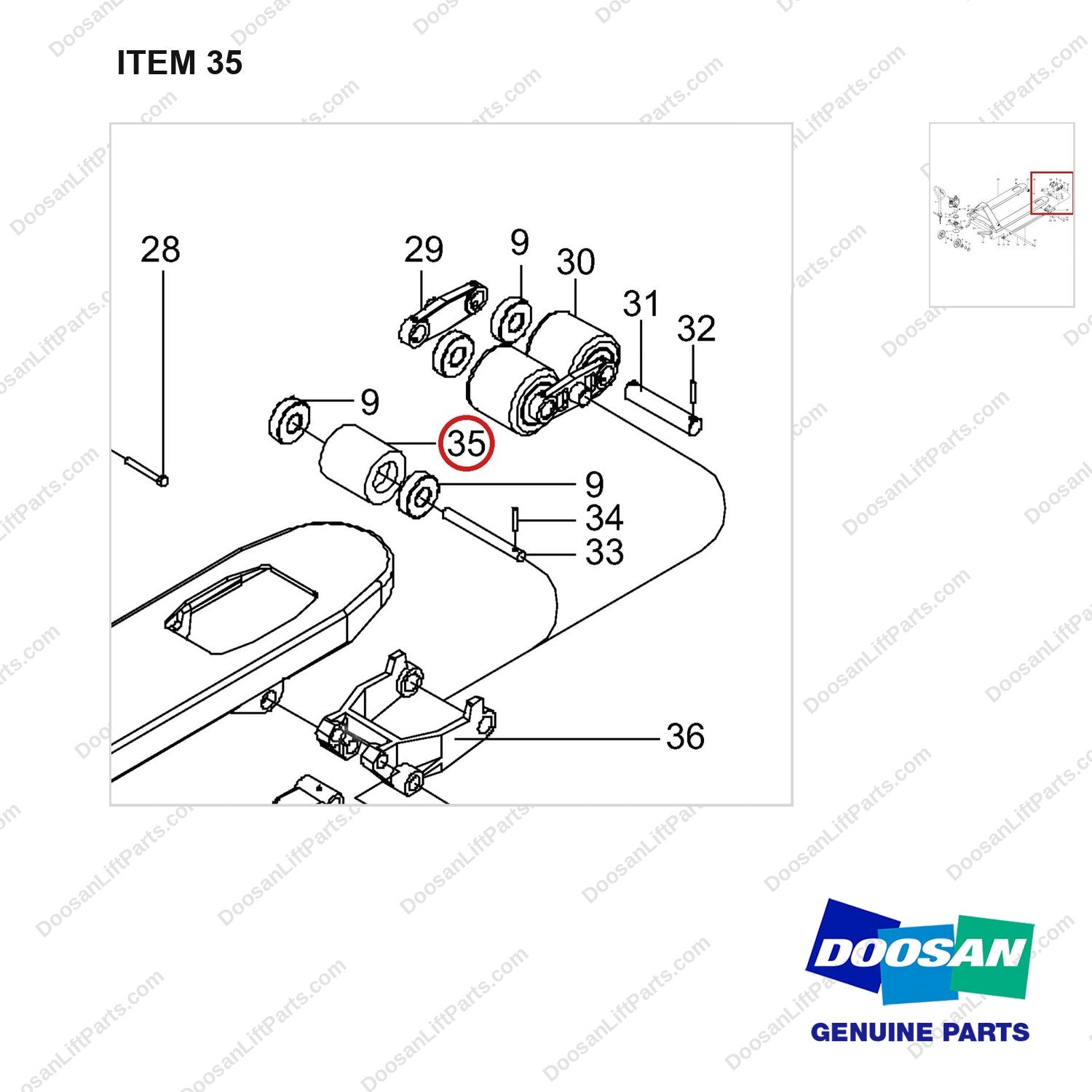 NR15-00186 General Assembly - parts diagram, item 35 shown - genuine Doosan / Bobcat forklift part