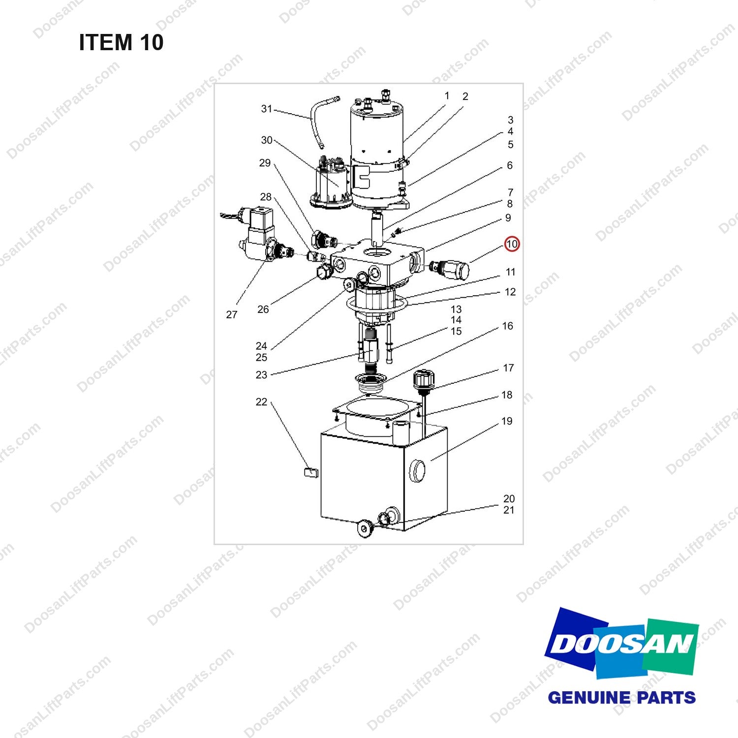 NR15-01198 Hydraulic Pump (RY15071009 ~Up) - full parts diagram, item 10 marked - genuine Doosan / Bobcat forklift part