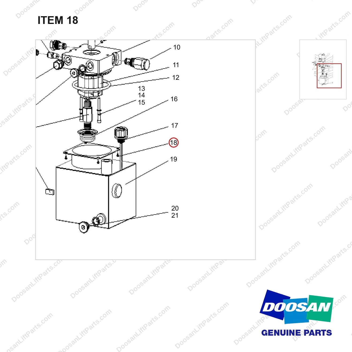 NR15-01205 Hydraulic Pump (RY15071009 ~Up) - parts diagram, item 18 shown - genuine Doosan / Bobcat forklift part
