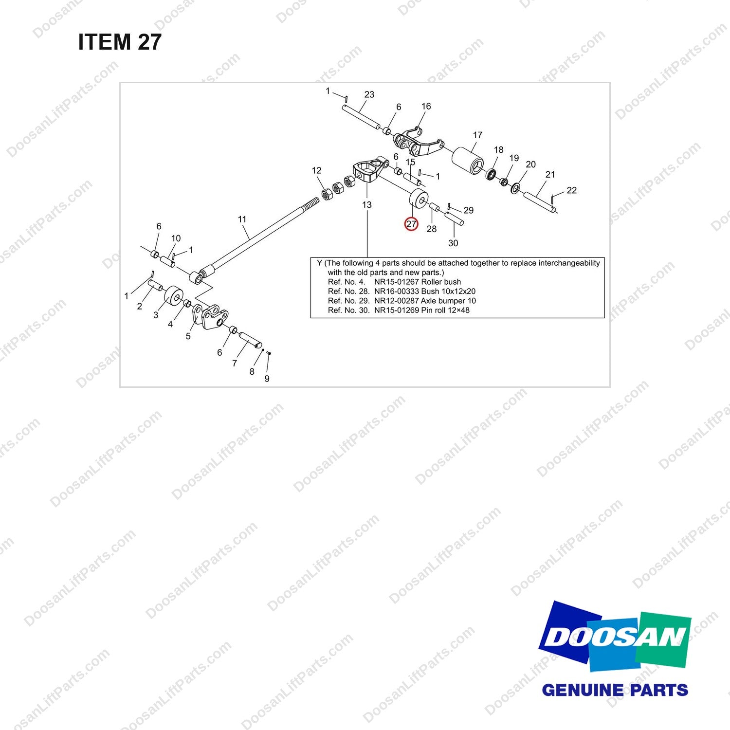 NR15-01267 Connecting Rod Assembly - full parts diagram, item 27 marked - genuine Doosan / Bobcat forklift part