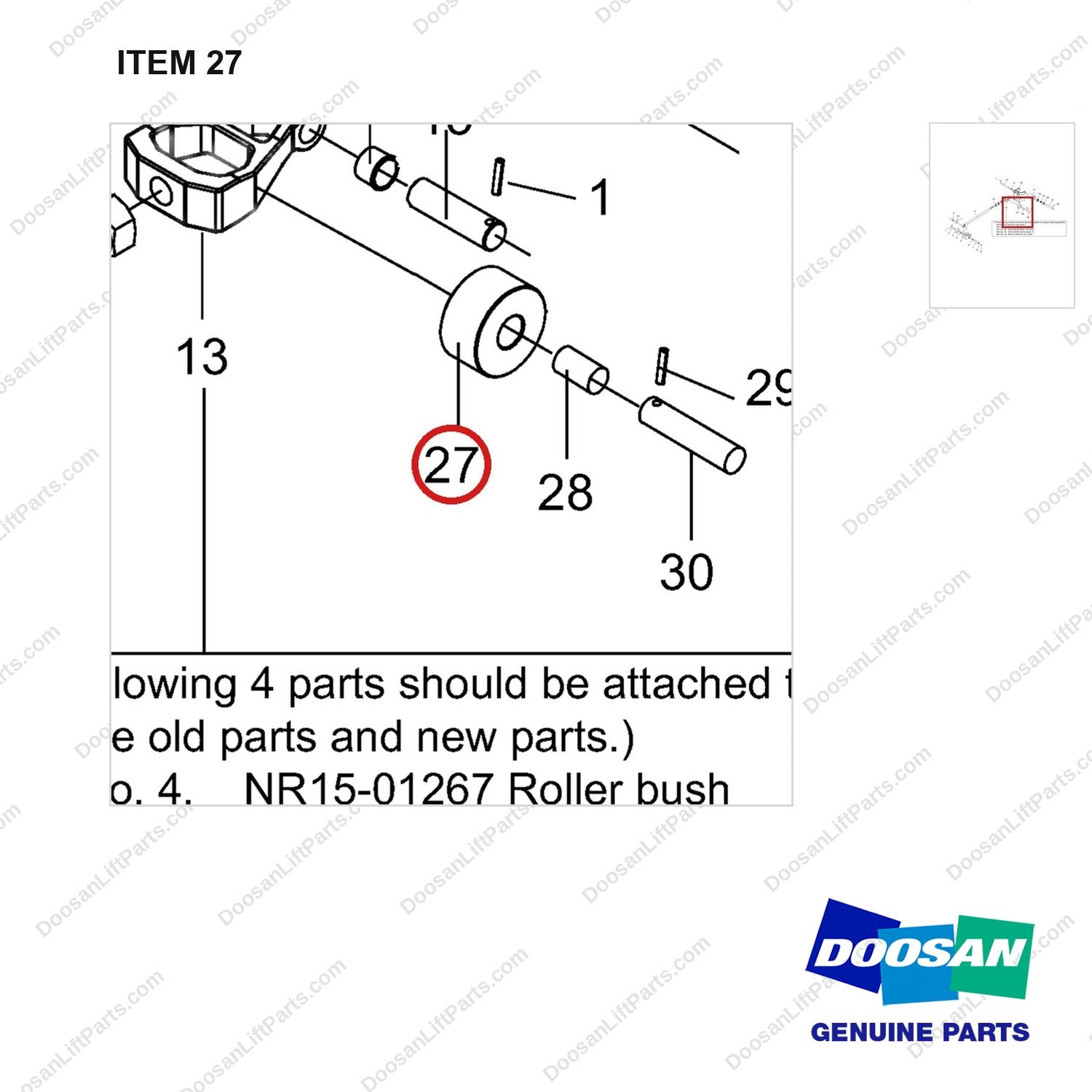 NR15-01267 Connecting Rod Assembly - parts diagram, item 27 shown - genuine Doosan / Bobcat forklift part