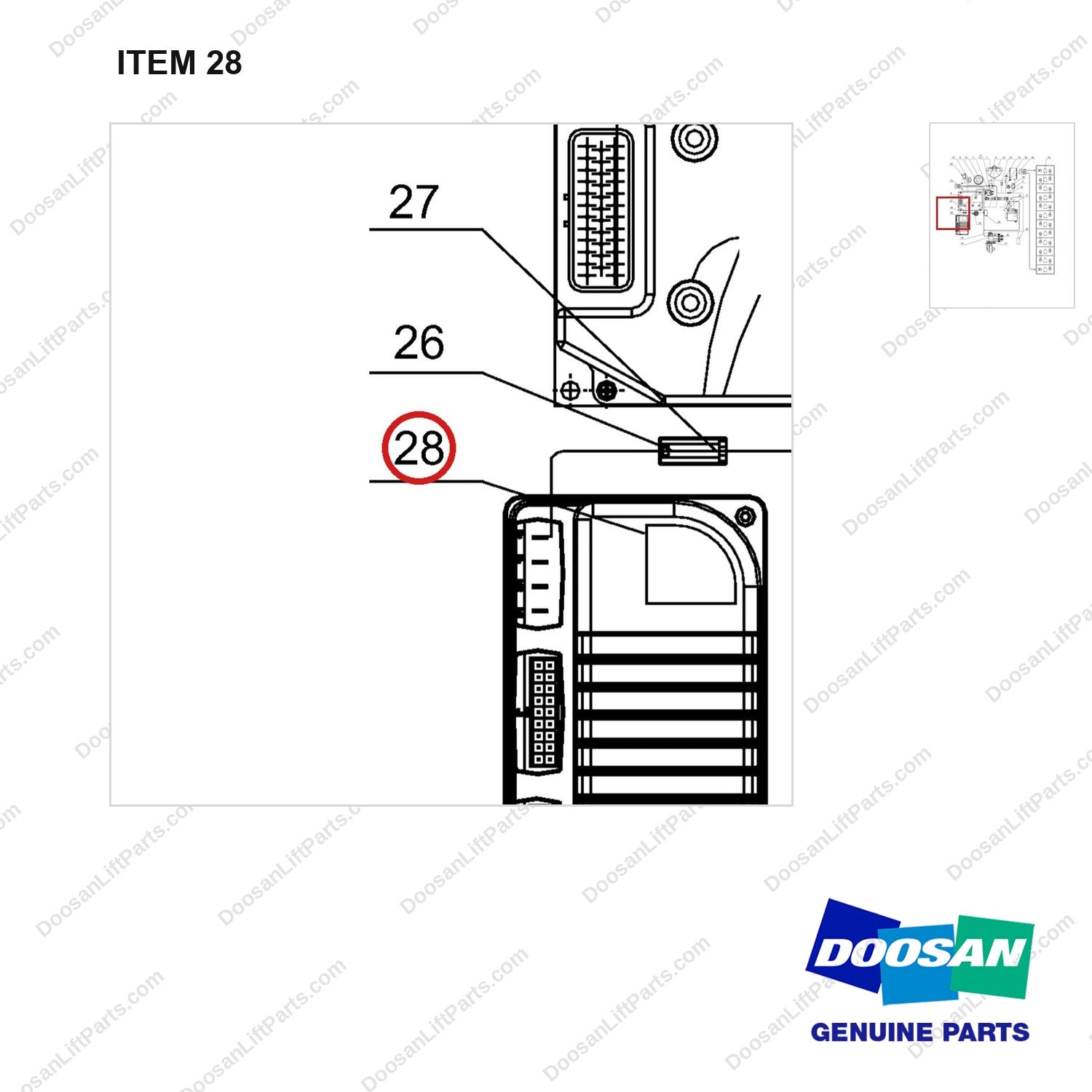 NR18-00360 1222 Electrical Equipment Assembly - parts diagram, item 28 shown - genuine Doosan / Bobcat forklift part