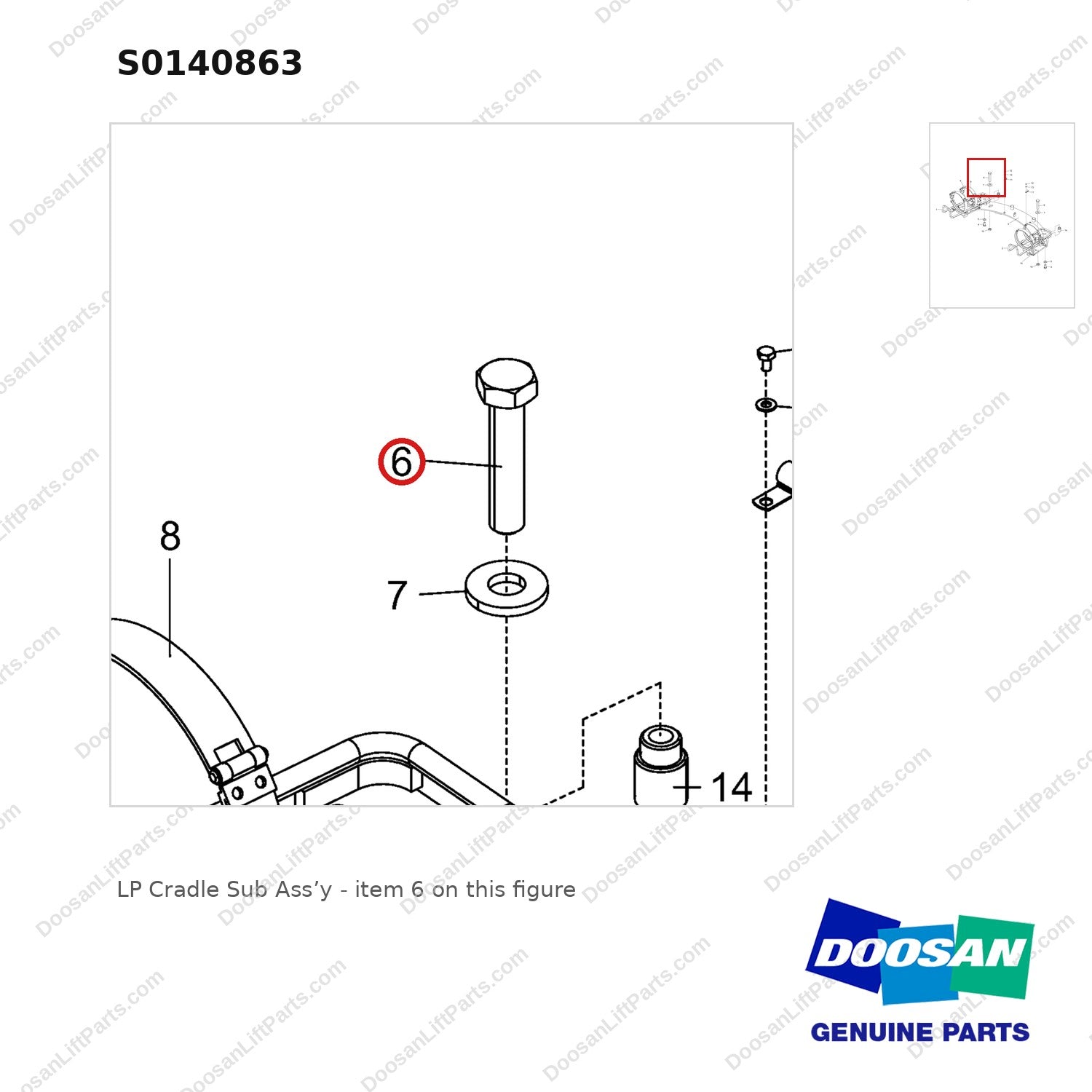 S0140863 LP Cradle Sub Ass'y - parts diagram, item 6 shown - genuine Doosan / Bobcat forklift part