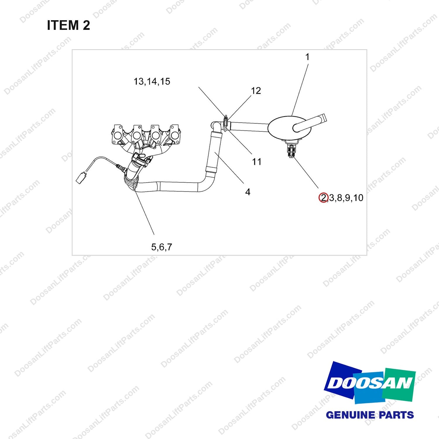 S0512053 MUFFLER GROUP;NON-CERT - full parts diagram, item 2 marked - genuine Doosan / Bobcat forklift part