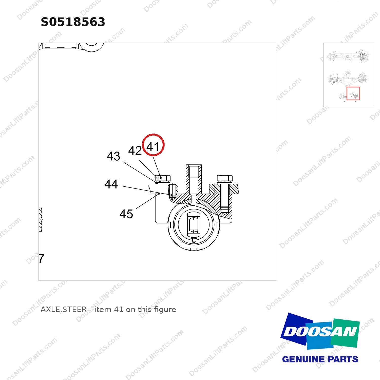 S0518563 AXLE,STEER - parts diagram, item 41 shown - genuine Doosan / Bobcat forklift part