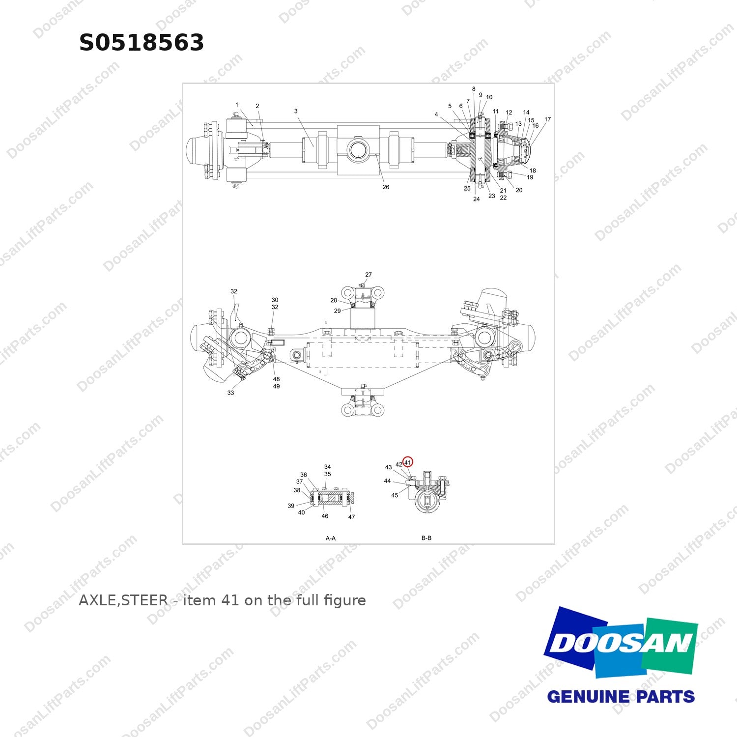 S0518563 AXLE,STEER - full parts diagram, item 41 marked - genuine Doosan / Bobcat forklift part