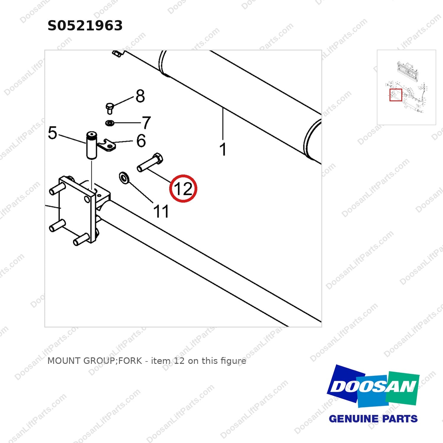 S0521963 MOUNT GROUP;FORK - parts diagram, item 12 shown - genuine Doosan / Bobcat forklift part