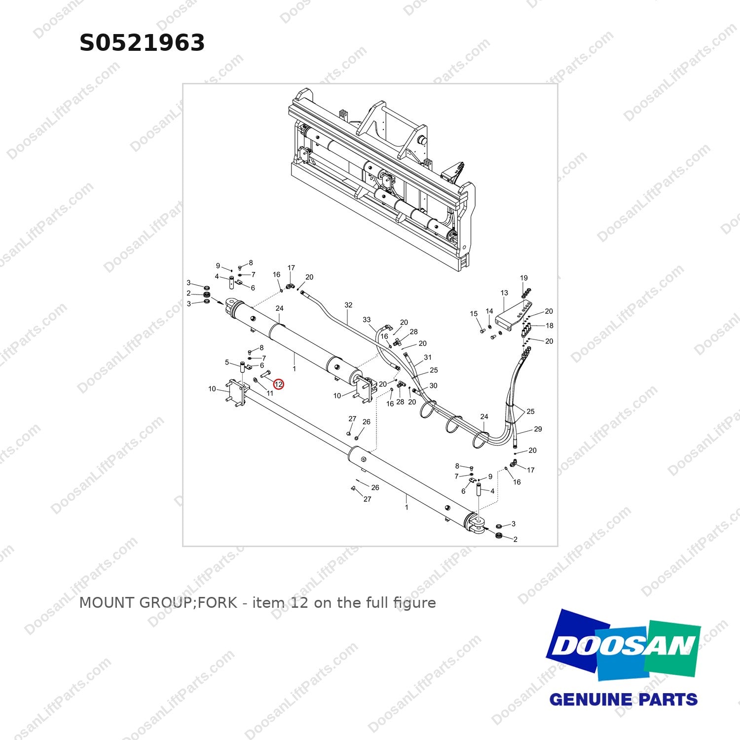 S0521963 MOUNT GROUP;FORK - full parts diagram, item 12 marked - genuine Doosan / Bobcat forklift part