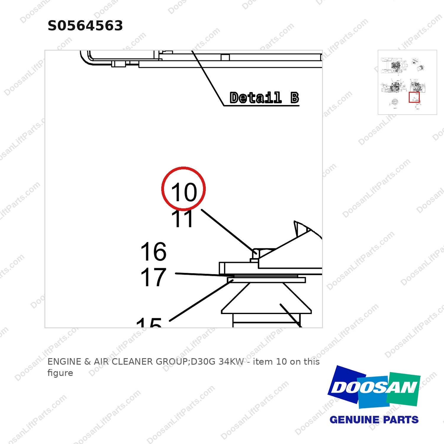 S0564563 ENGINE & AIR CLEANER GROUP;D30G 34KW - parts diagram, item 10 shown - genuine Doosan / Bobcat forklift part