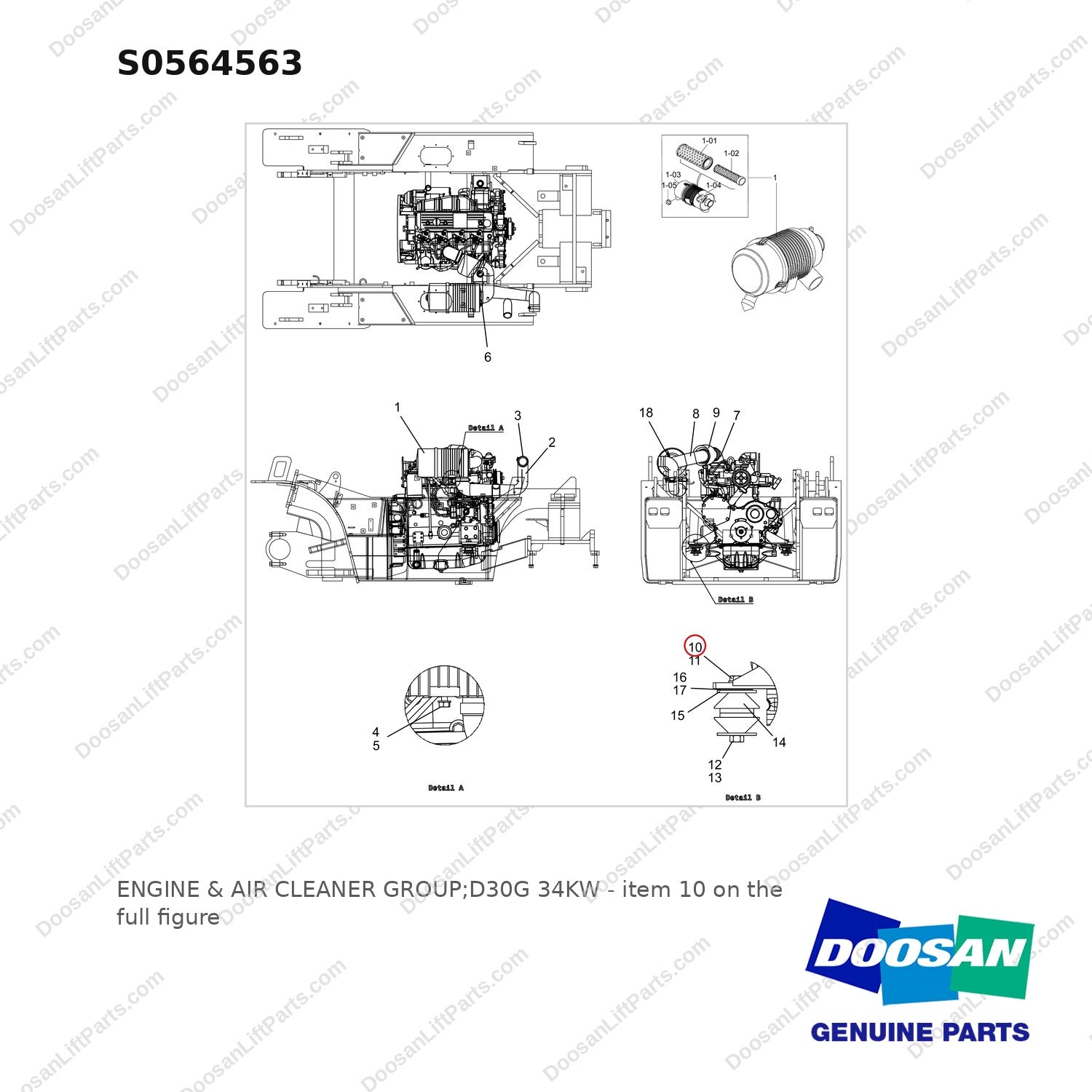 S0564563 ENGINE & AIR CLEANER GROUP;D30G 34KW - full parts diagram, item 10 marked - genuine Doosan / Bobcat forklift part