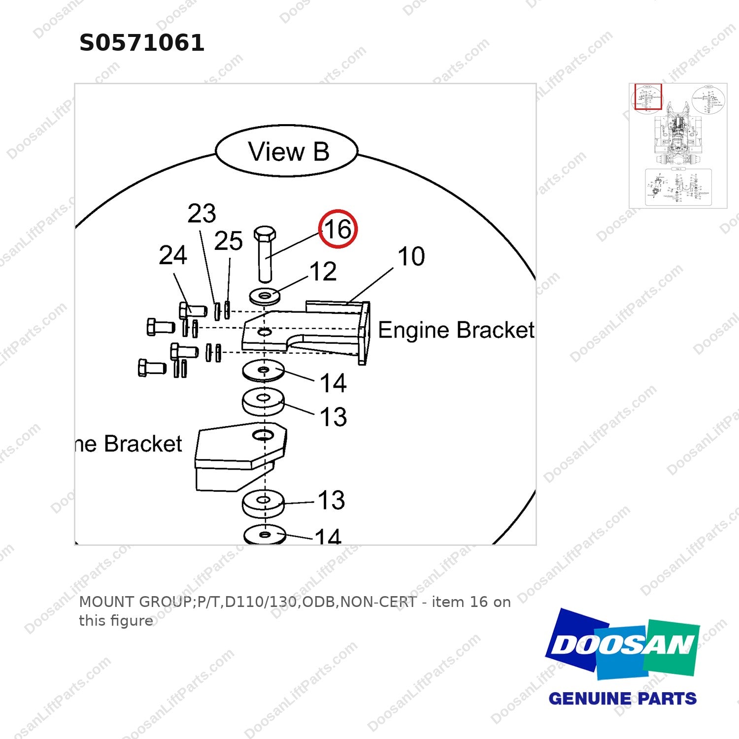 S0571061 MOUNT GROUP;P/T,D110/130,ODB,NON-CERT - parts diagram, item 16 shown - genuine Doosan / Bobcat forklift part