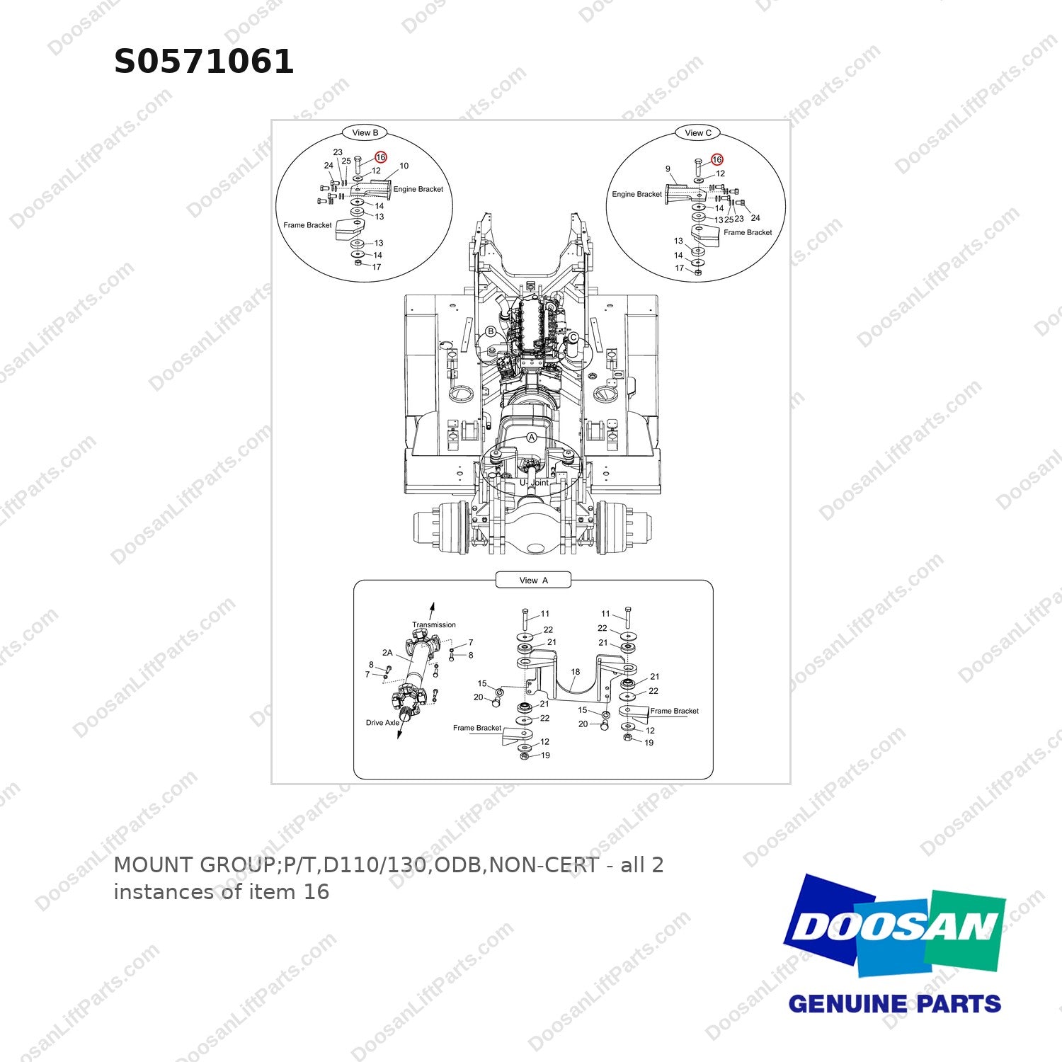 S0571061 MOUNT GROUP;P/T,D110/130,ODB,NON-CERT - full parts diagram, item 16 marked - genuine Doosan / Bobcat forklift part