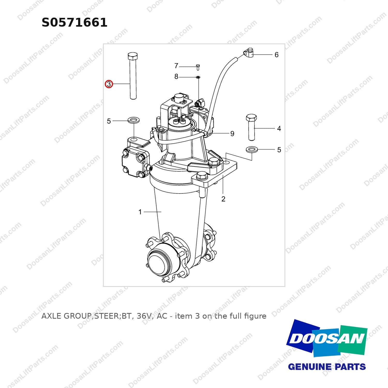 S0571661 AXLE GROUP,STEER;BT, 36V, AC - full parts diagram, item 3 marked - genuine Doosan / Bobcat forklift part