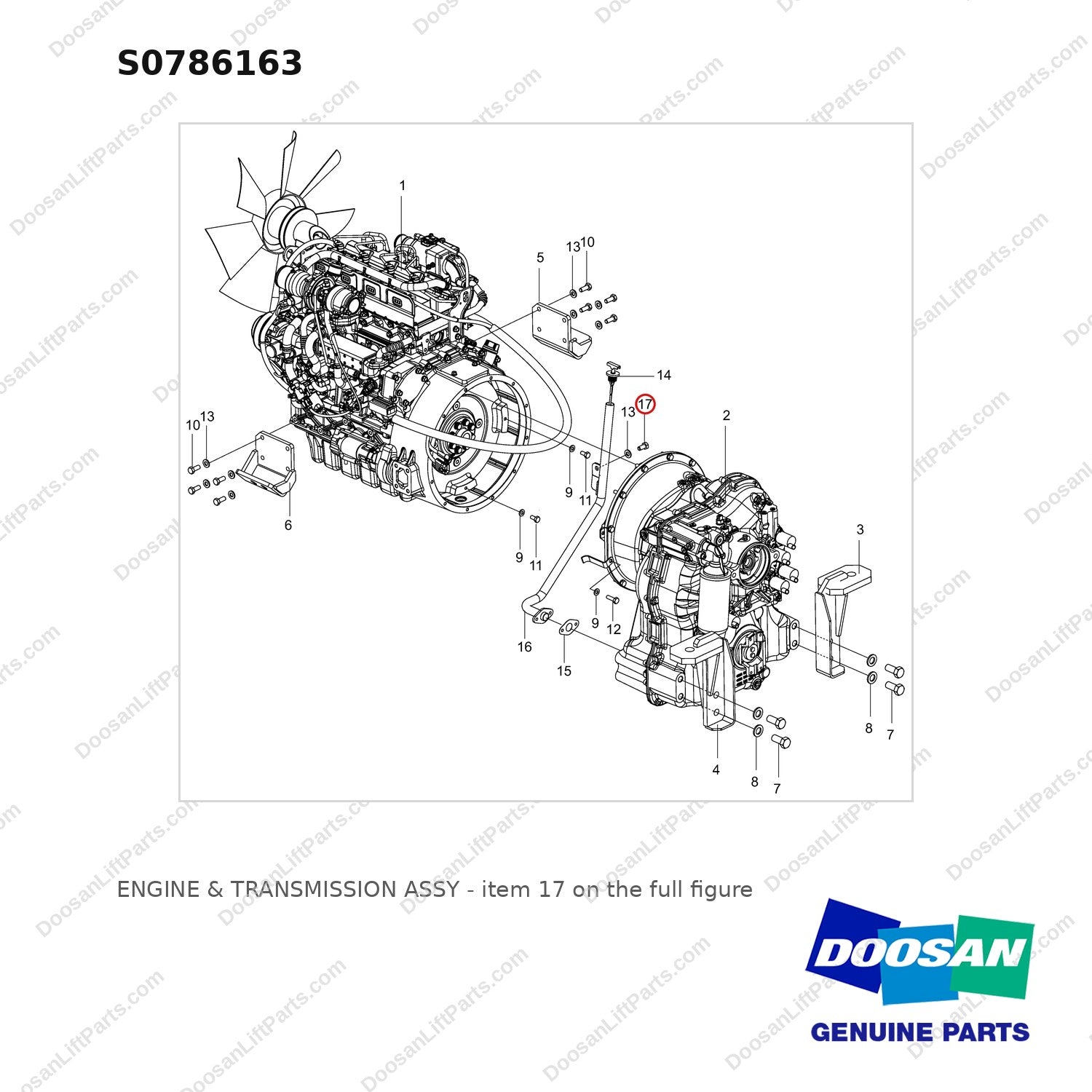 S0786163 ENGINE & TRANSMISSION ASSY - full parts diagram, item 17 marked - genuine Doosan / Bobcat forklift part
