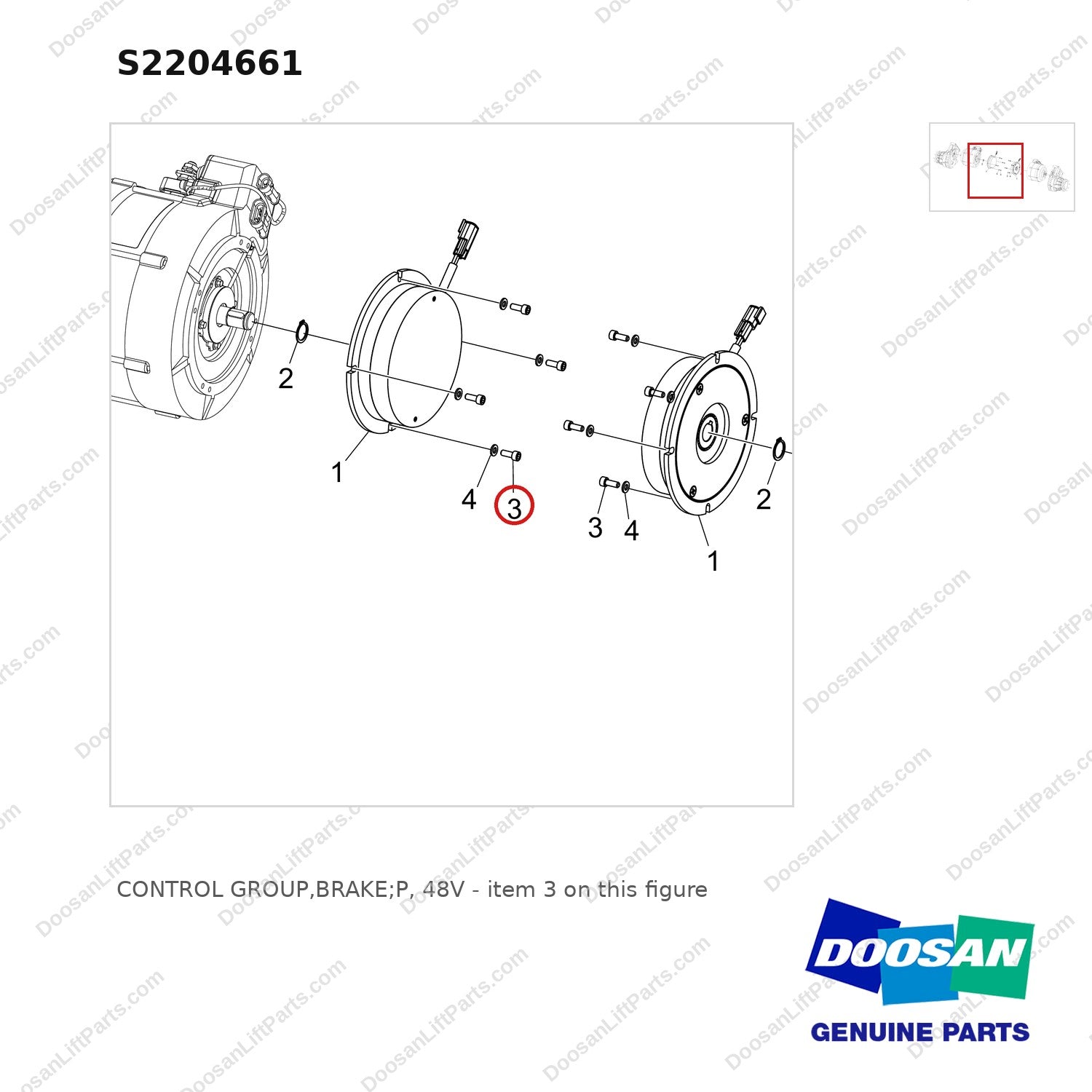 S2204661 CONTROL GROUP,BRAKE;P, 48V - parts diagram, item 3 shown - genuine Doosan / Bobcat forklift part