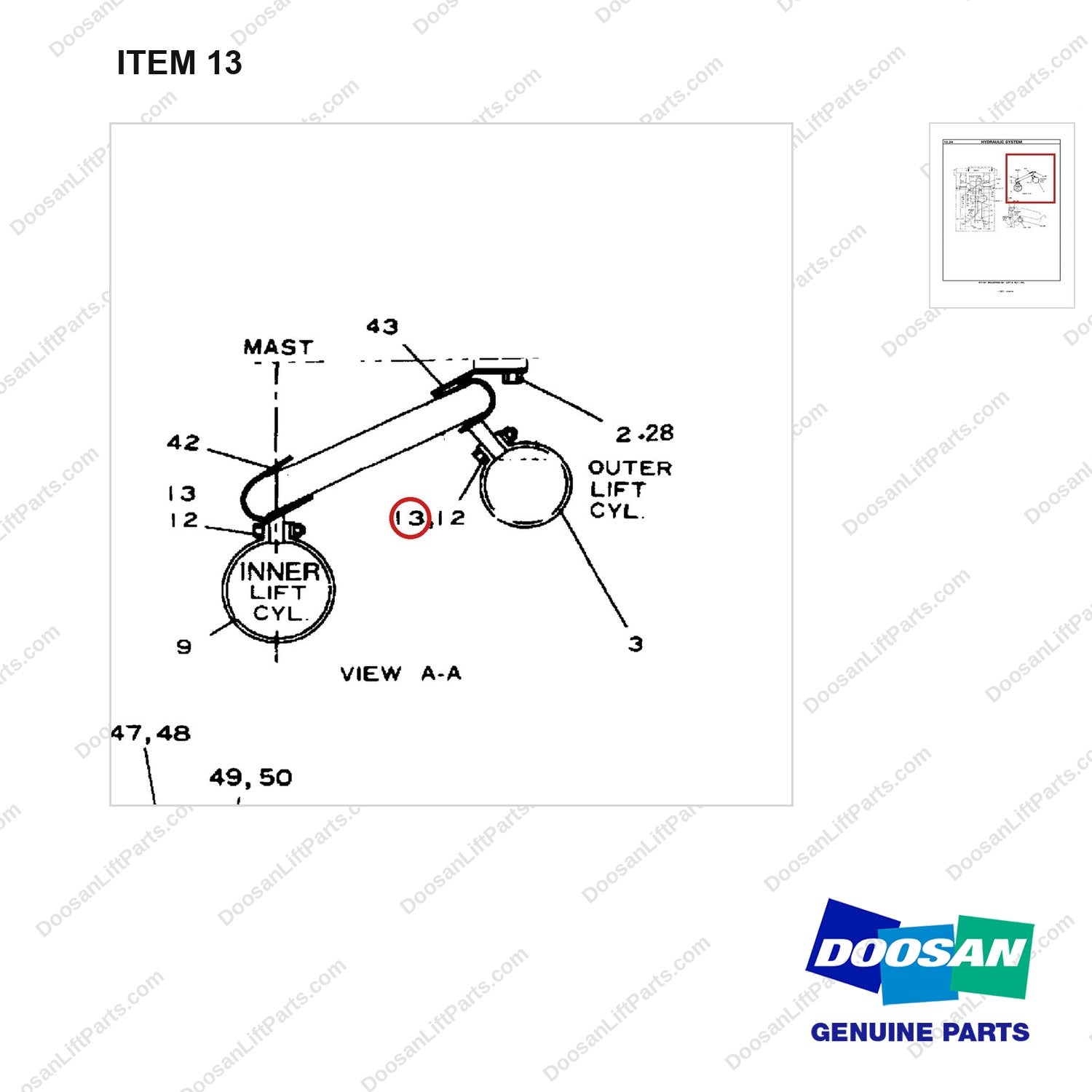 S2205066 MOUNTING GP-LIFT & TILT-FFL - parts diagram, item 13 shown - genuine Doosan / Bobcat forklift part