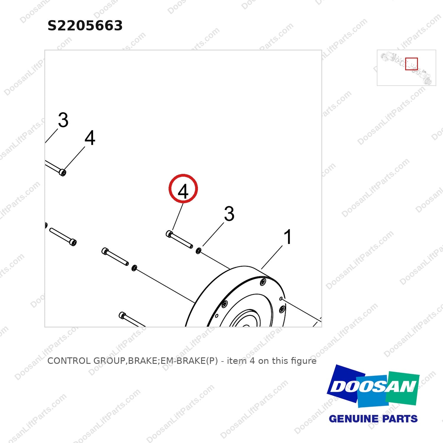 S2205663 CONTROL GROUP,BRAKE;EM-BRAKE(P) - parts diagram, item 4 shown - genuine Doosan / Bobcat forklift part