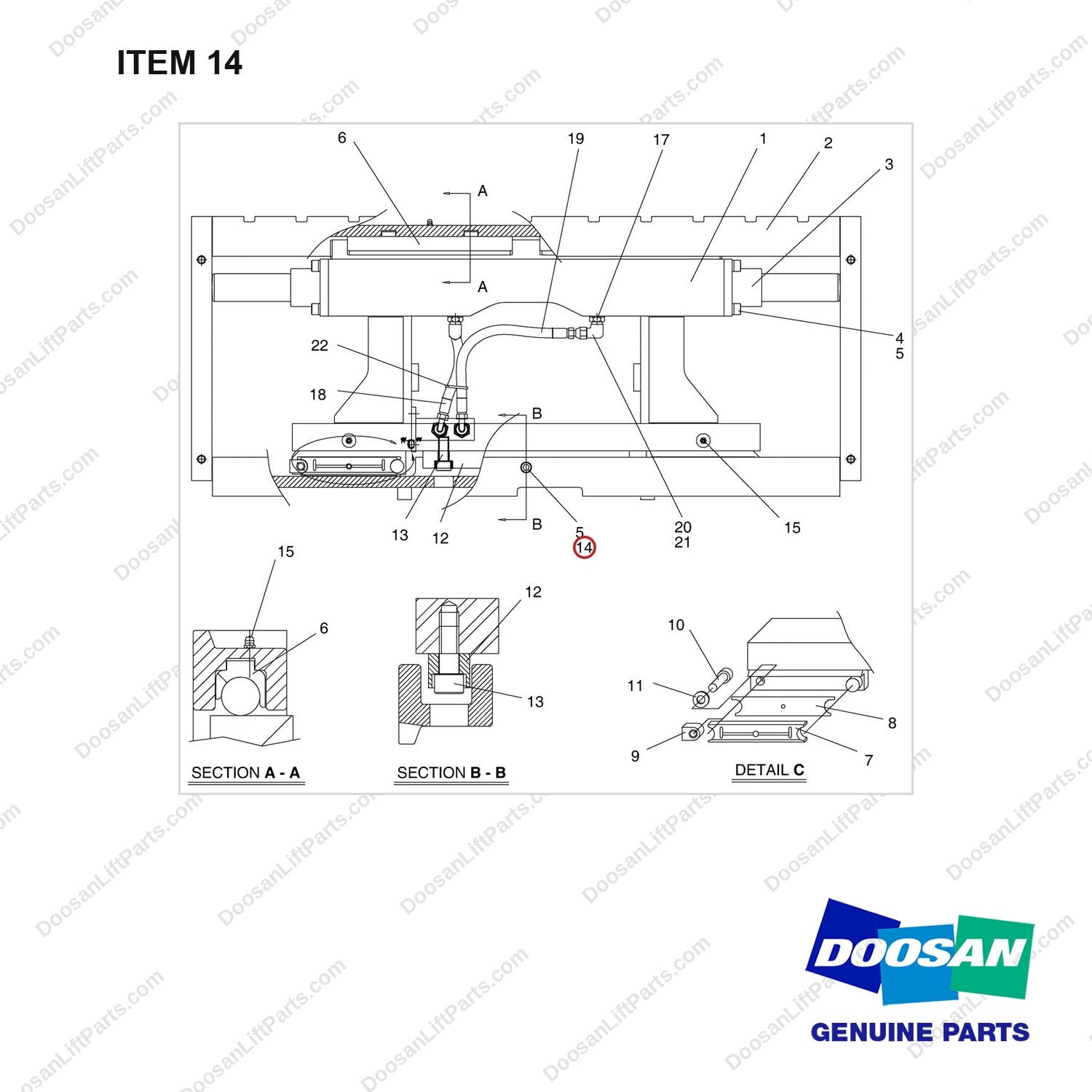 S2211463 CARRIAGE GROUP-INTEGRAL S/S - (STD) - full parts diagram, item 14 marked - genuine Doosan / Bobcat forklift part