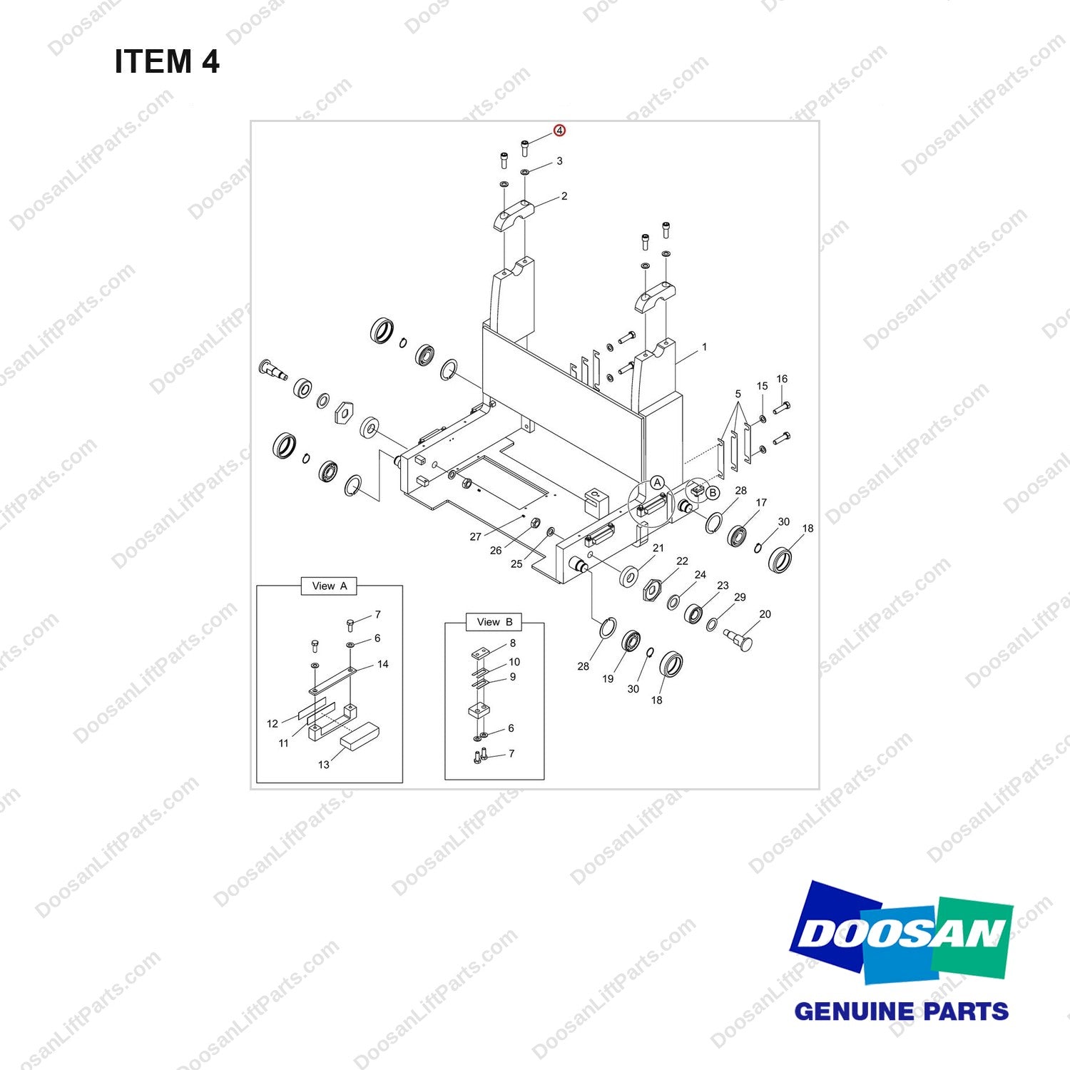S2221566 BED ASSY;MAST - full parts diagram, item 4 marked - genuine Doosan / Bobcat forklift part