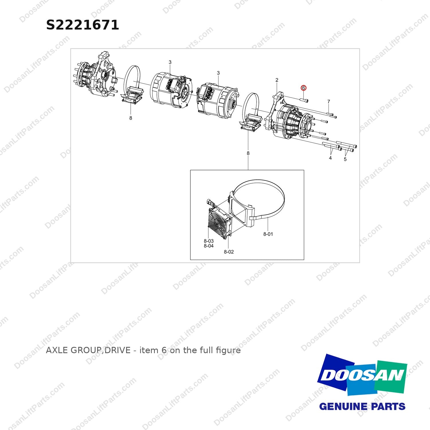 S2221671 AXLE GROUP,DRIVE - full parts diagram, item 6 marked - genuine Doosan / Bobcat forklift part
