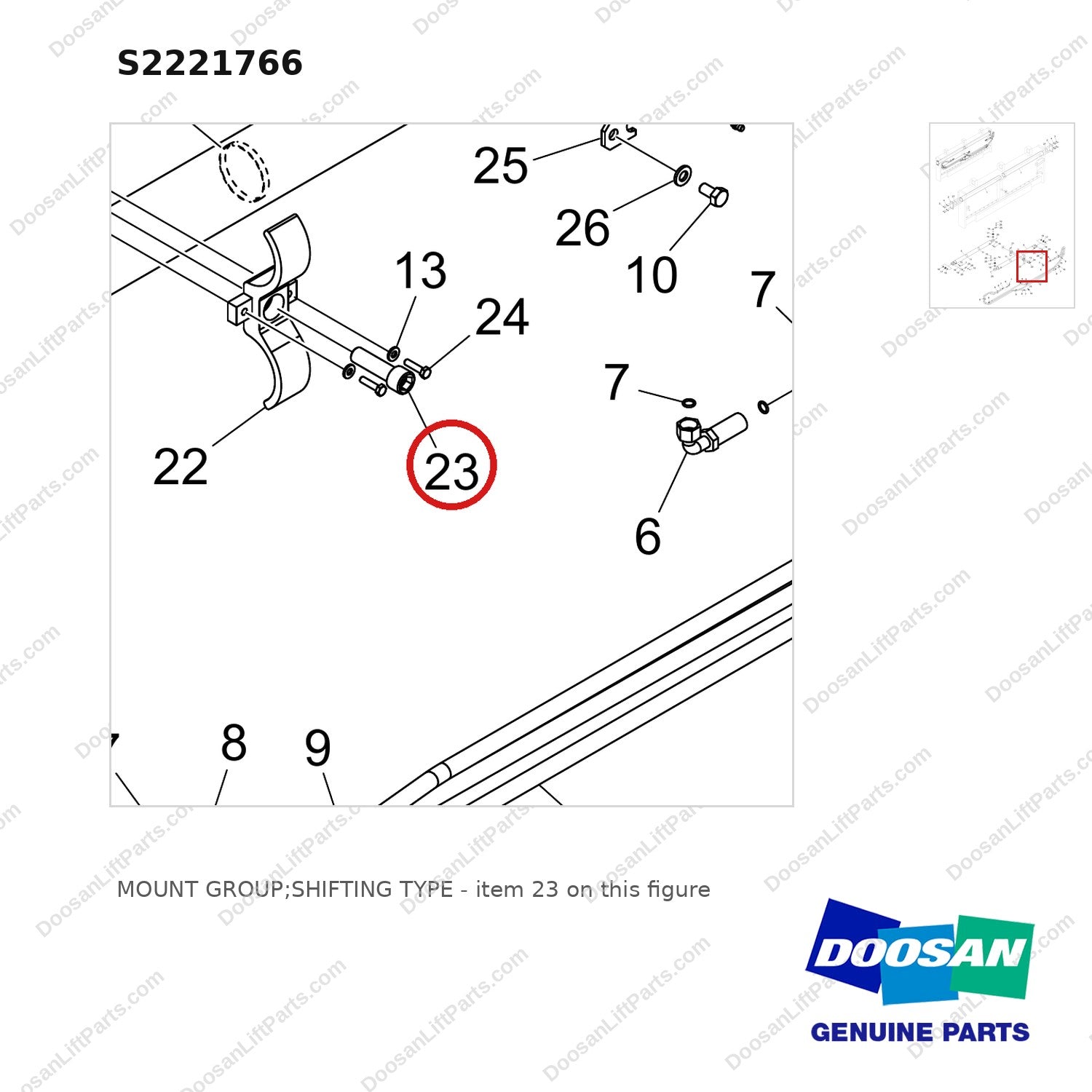 S2221766 MOUNT GROUP;SHIFTING TYPE - parts diagram, item 23 shown - genuine Doosan / Bobcat forklift part