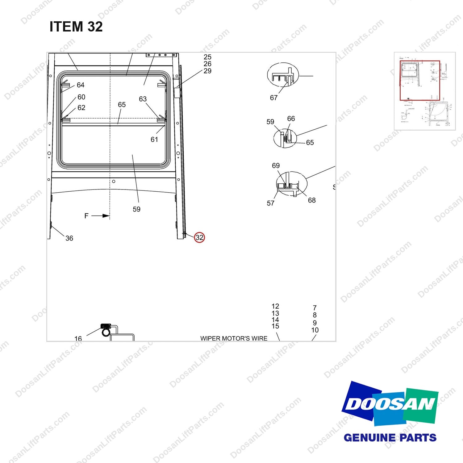 S3050863 CABIN AS - (PART 2 OF 2)-LOW NOISE CABIN - parts diagram, item 32 shown - genuine Doosan / Bobcat forklift part