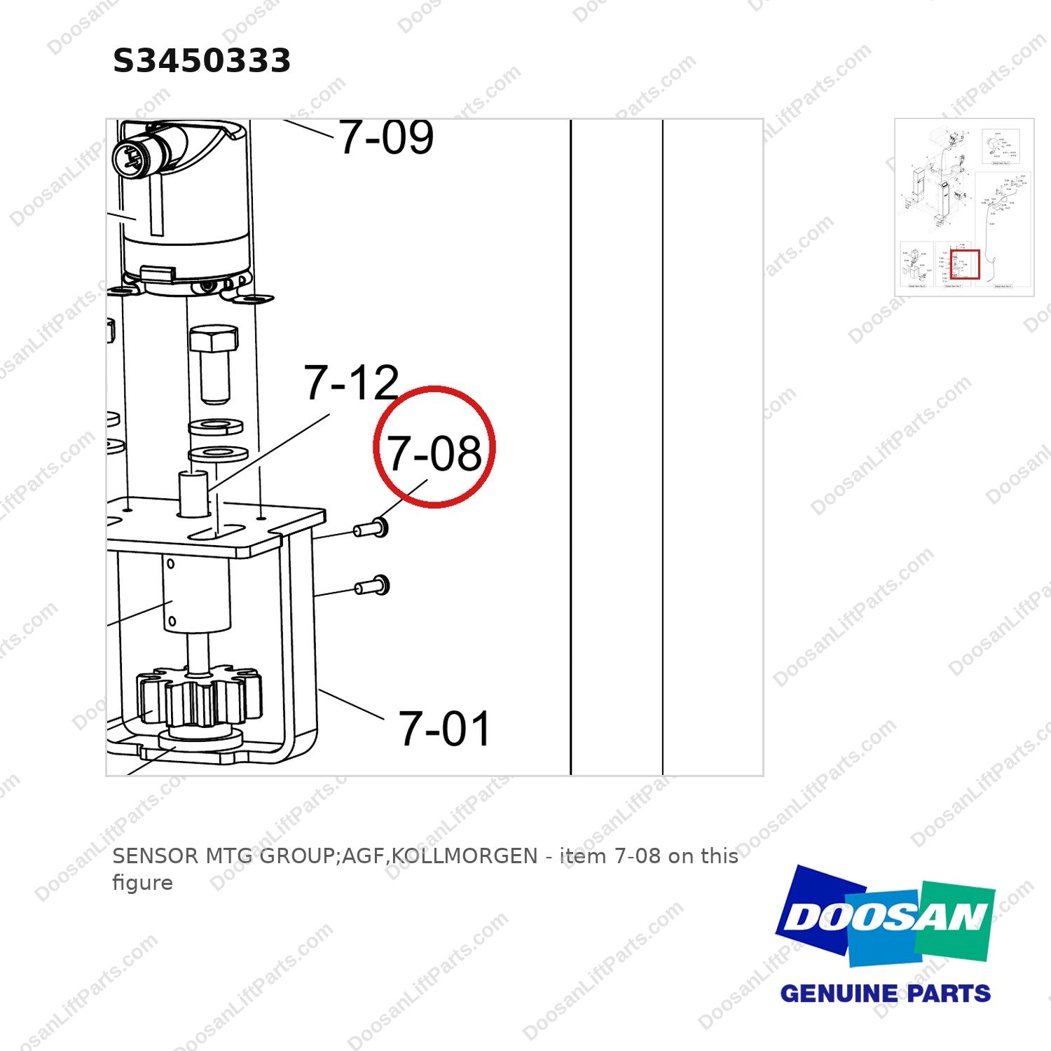 S3450333 SENSOR MTG GROUP;AGF,KOLLMORGEN - parts diagram, item 7-08 shown - genuine Doosan / Bobcat forklift part