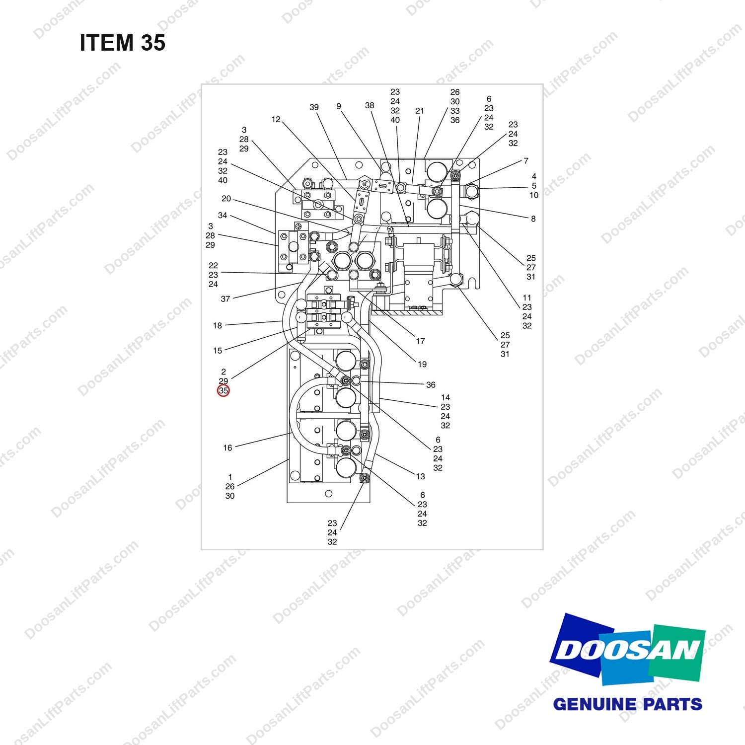 S3450838 PANEL GP-POWER - full parts diagram, item 35 marked - genuine Doosan / Bobcat forklift part