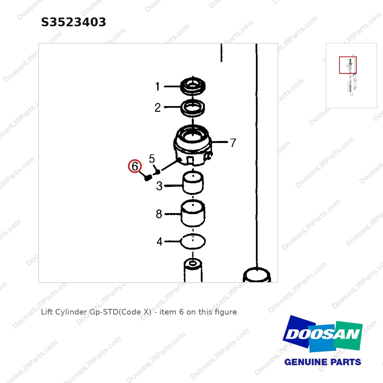 S3523403 Lift Cylinder Gp-STD(Code X) - parts diagram, item 6 shown - genuine Doosan / Bobcat forklift part