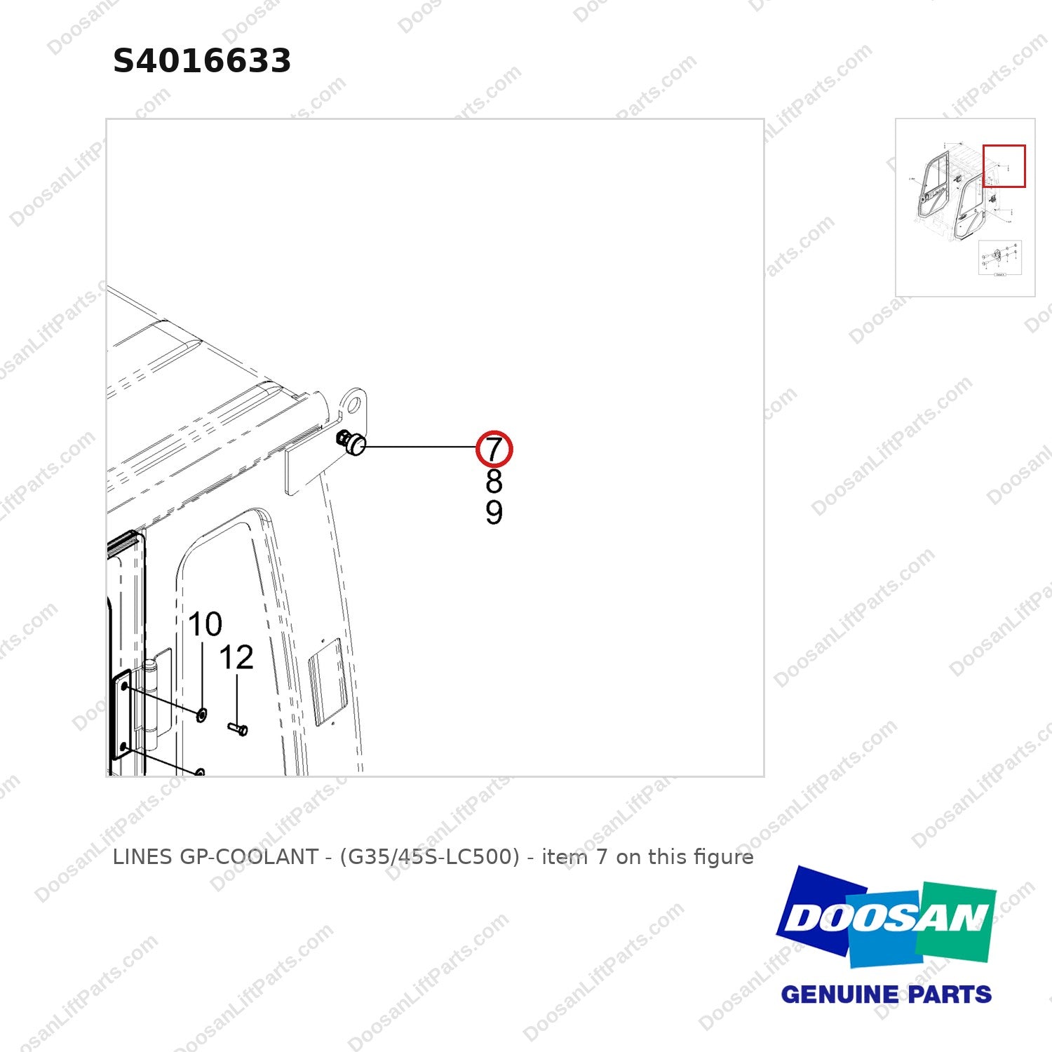 S4016633 LINES GP-COOLANT - (G35/45S-LC500) - parts diagram, item 7 shown - genuine Doosan / Bobcat forklift part