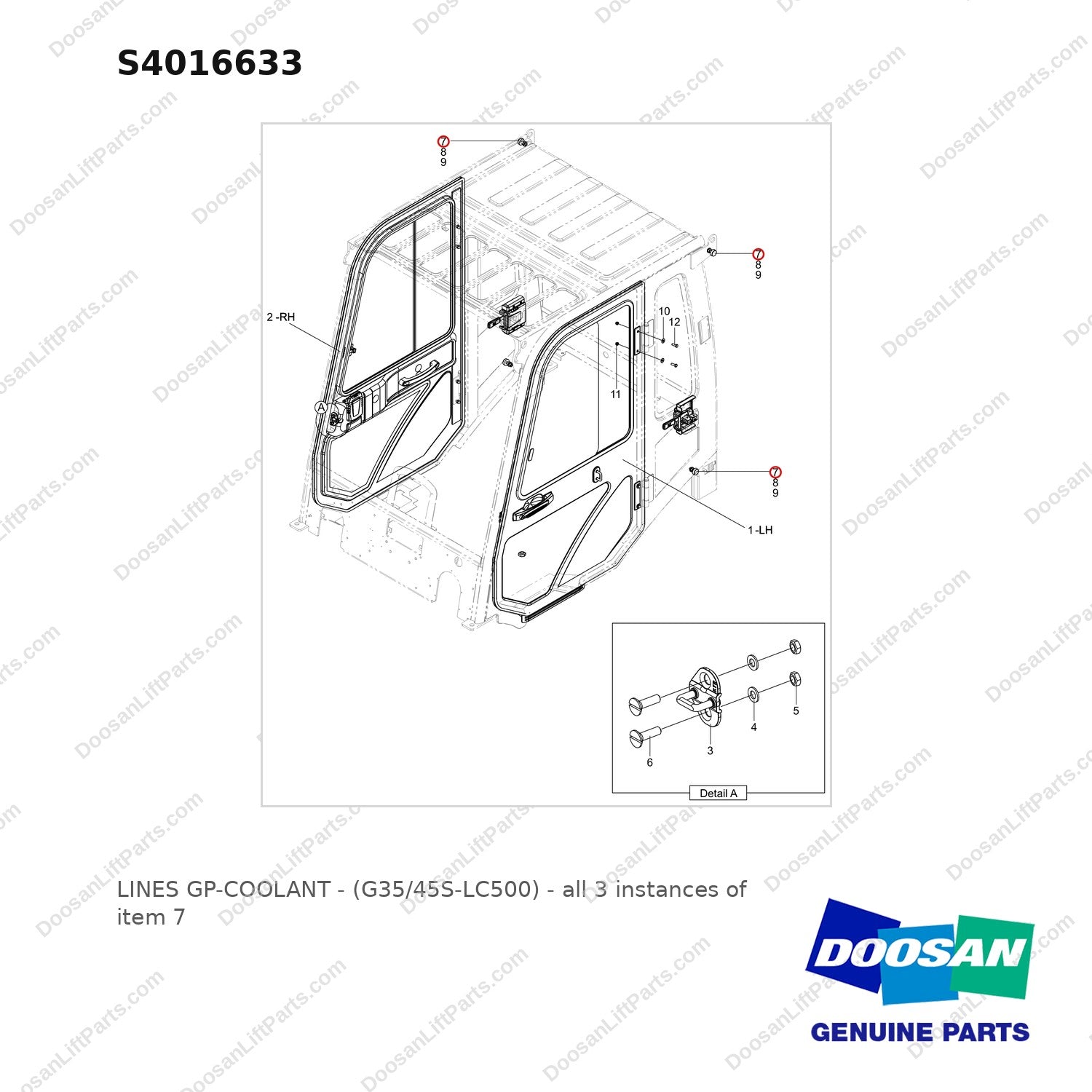 S4016633 LINES GP-COOLANT - (G35/45S-LC500) - full parts diagram, item 7 marked - genuine Doosan / Bobcat forklift part