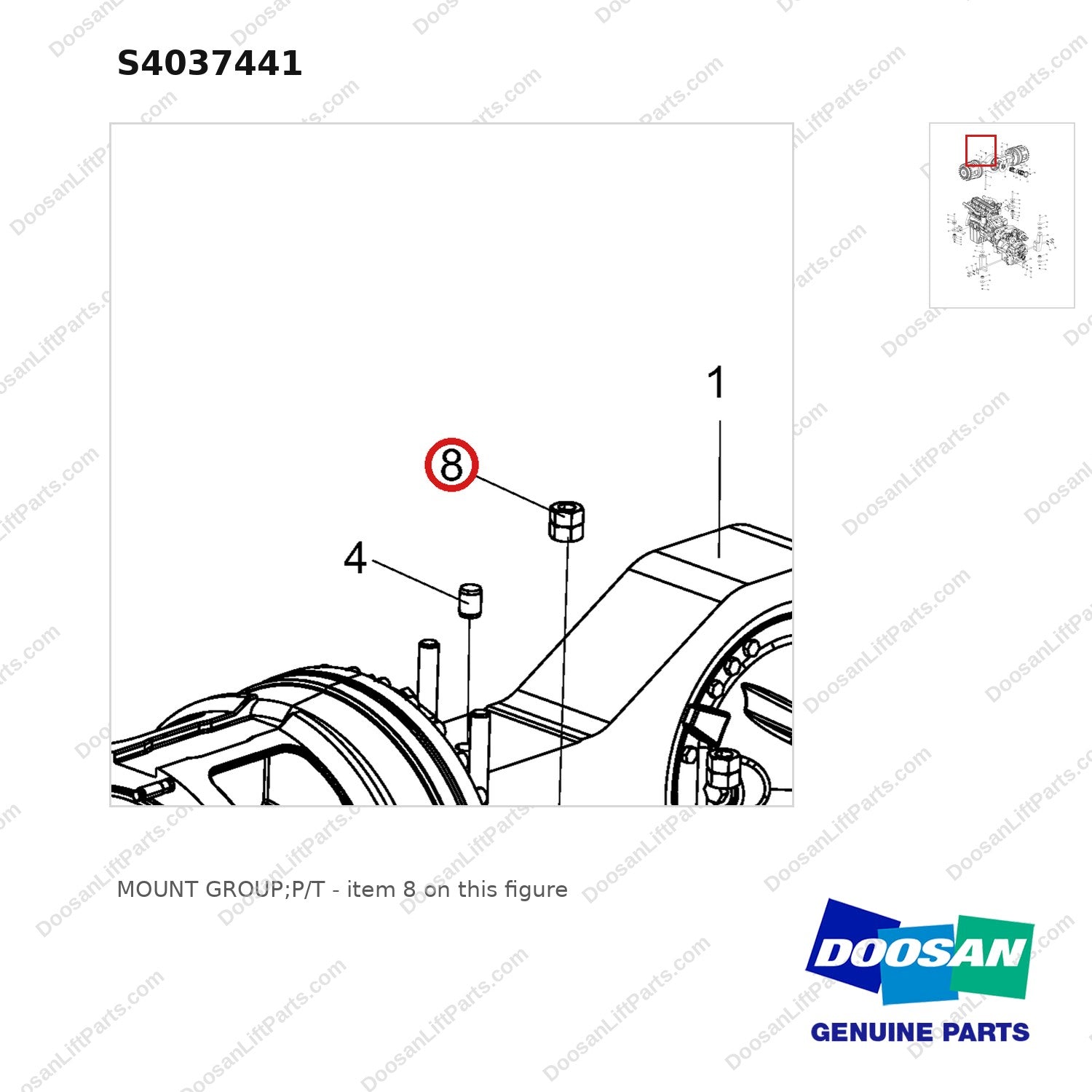 S4037441 MOUNT GROUP;P/T - parts diagram, item 8 shown - genuine Doosan / Bobcat forklift part