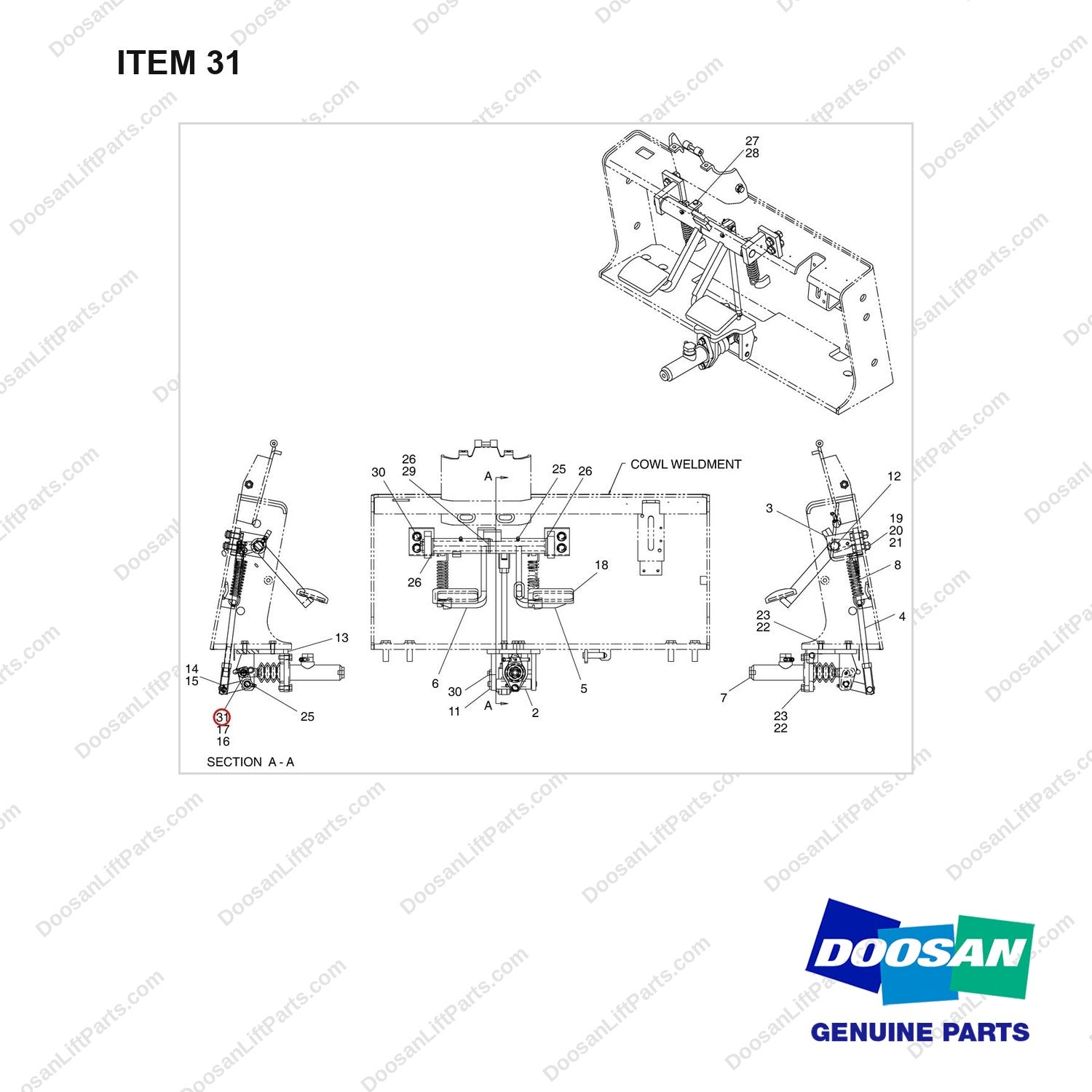 S5020803 CONTROL GP-CREEPER & BRAKE - full parts diagram, item 31 marked - genuine Doosan / Bobcat forklift part