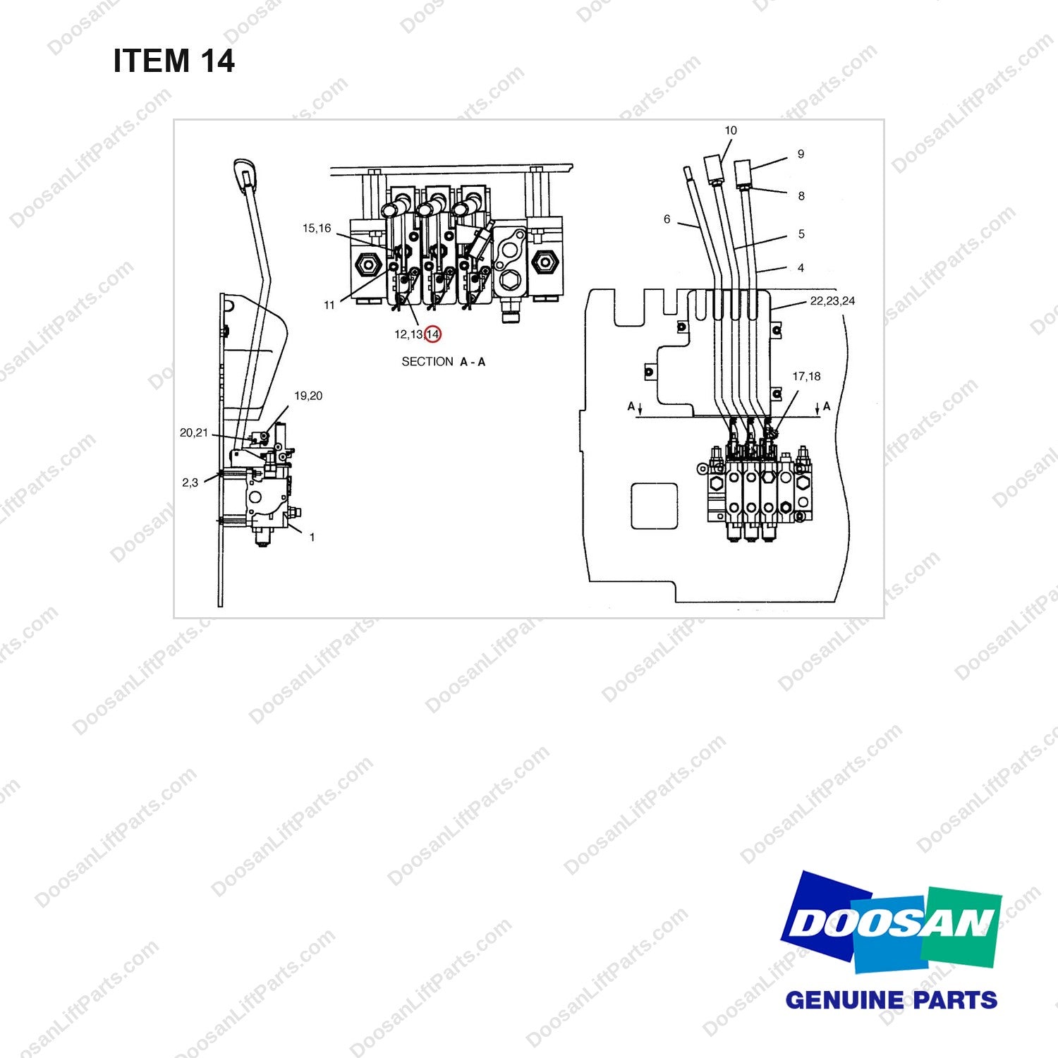S5100121 VALVE GP-3 SPOOL - full parts diagram, item 14 marked - genuine Doosan / Bobcat forklift part