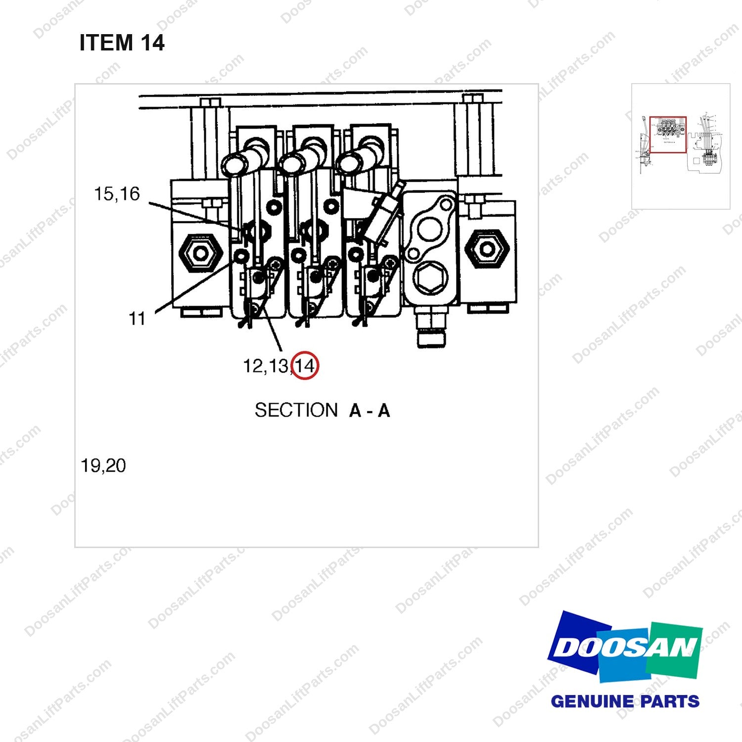 S5100121 VALVE GP-3 SPOOL - parts diagram, item 14 shown - genuine Doosan / Bobcat forklift part