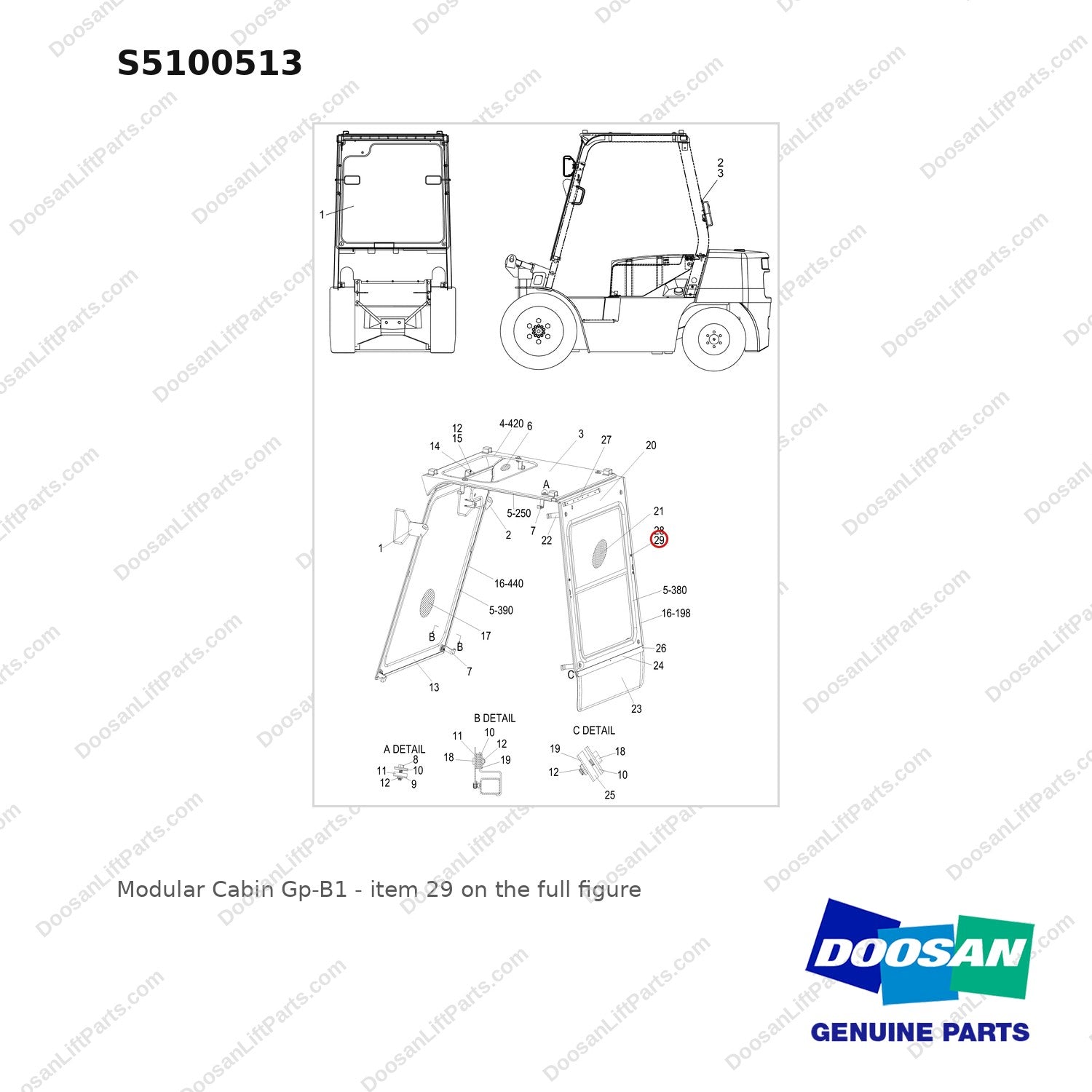 S5100513 Modular Cabin Gp-B1 - full parts diagram, item 29 marked - genuine Doosan / Bobcat forklift part