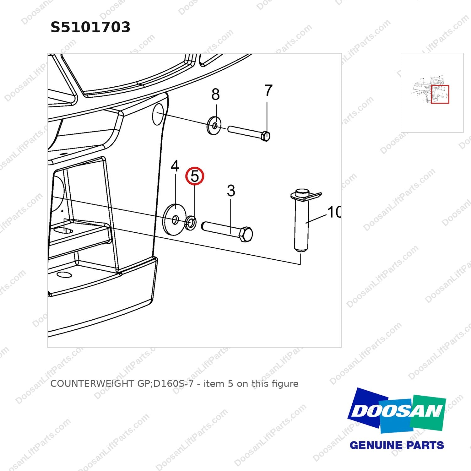 S5101703 COUNTERWEIGHT GP;D160S-7 - parts diagram, item 5 shown - genuine Doosan / Bobcat forklift part