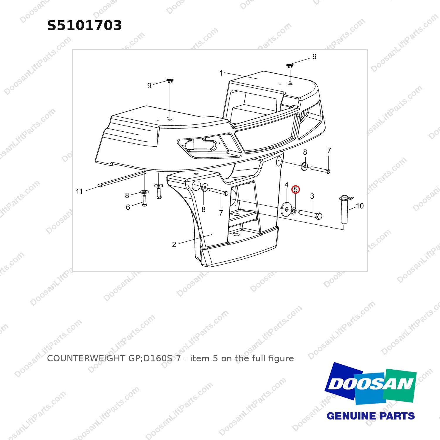 S5101703 COUNTERWEIGHT GP;D160S-7 - full parts diagram, item 5 marked - genuine Doosan / Bobcat forklift part