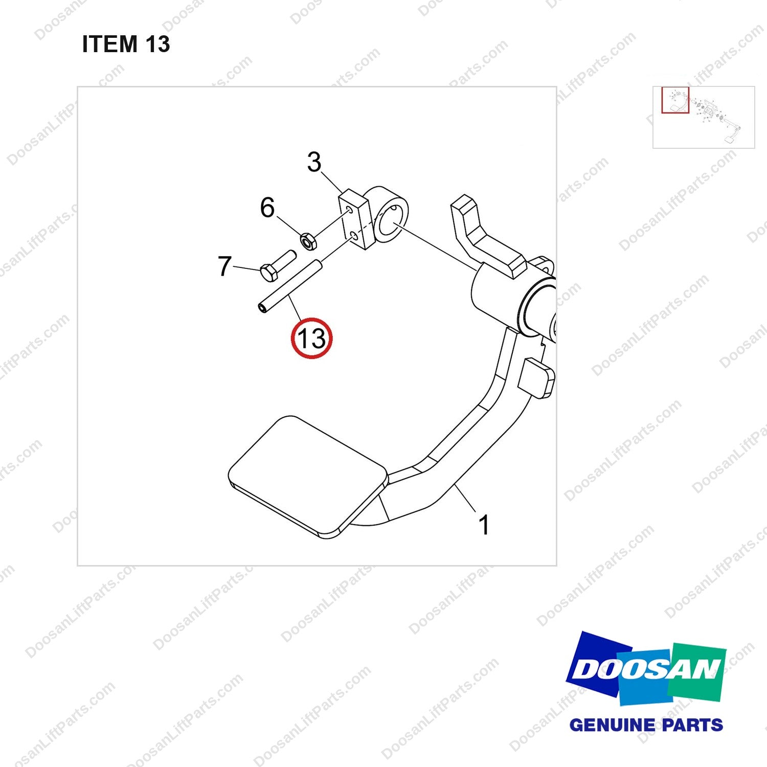 S5740980 PEDAL ASSY;INCHING & BRAKE - parts diagram, item 13 shown - genuine Doosan / Bobcat forklift part