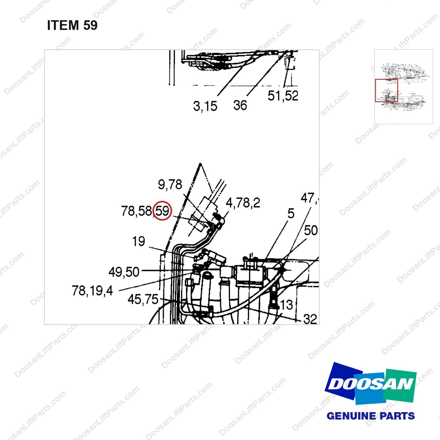 S5800010 LINES GP-HYD. 3 CIRCUIT - parts diagram, item 59 shown - genuine Doosan / Bobcat forklift part