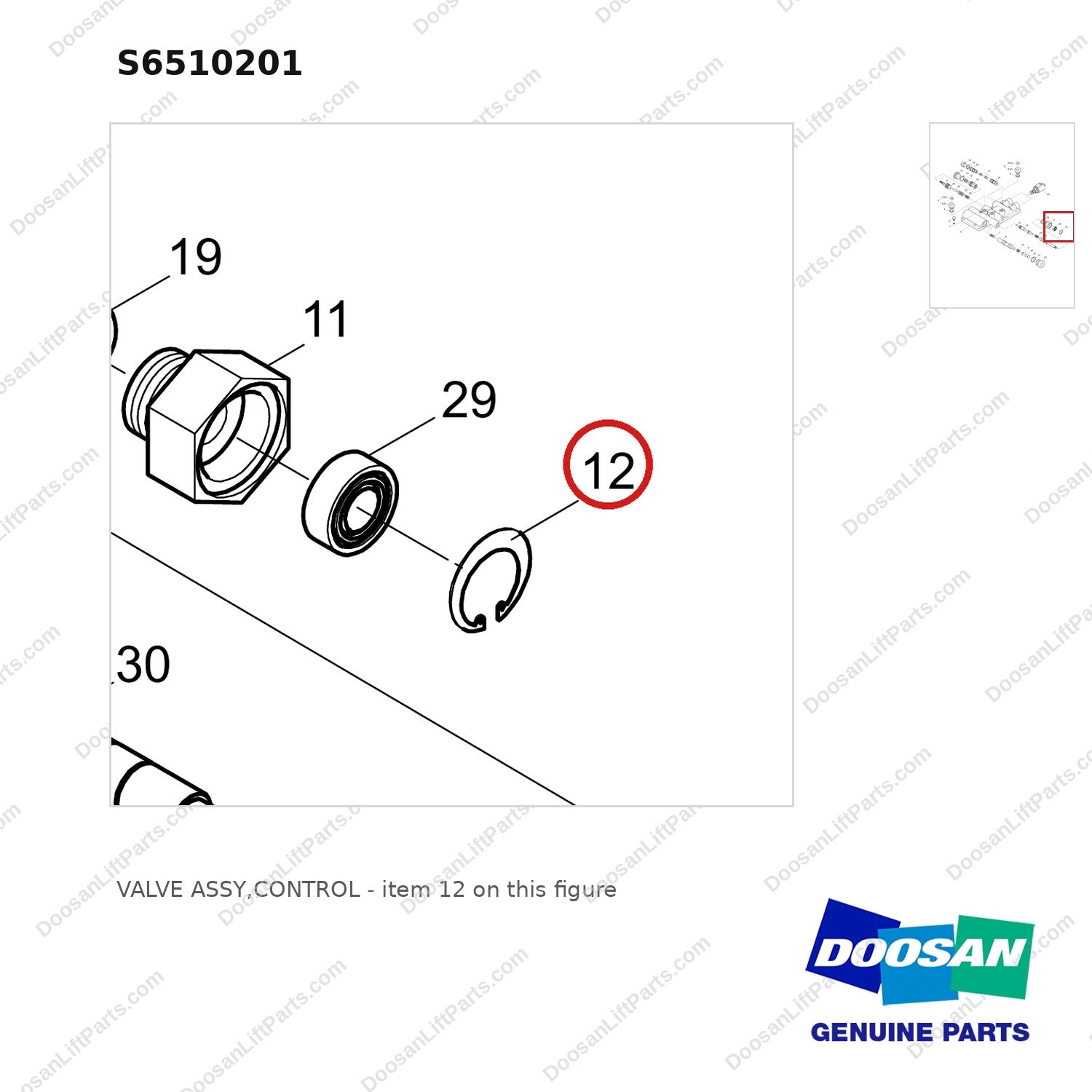 S6510201 VALVE ASSY,CONTROL - parts diagram, item 12 shown - genuine Doosan / Bobcat forklift part