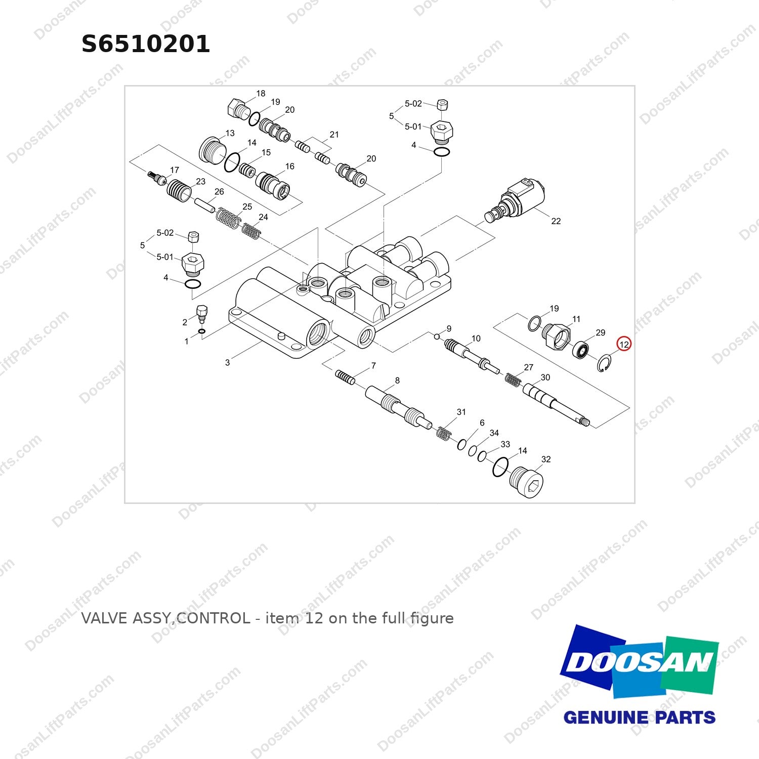 S6510201 VALVE ASSY,CONTROL - full parts diagram, item 12 marked - genuine Doosan / Bobcat forklift part